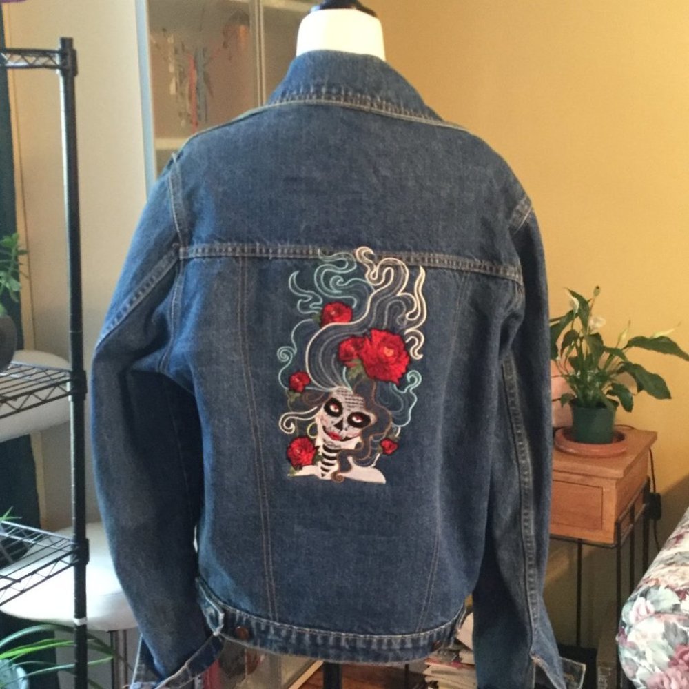 Vintage jean jacket Sugar skull embroidered floral.
